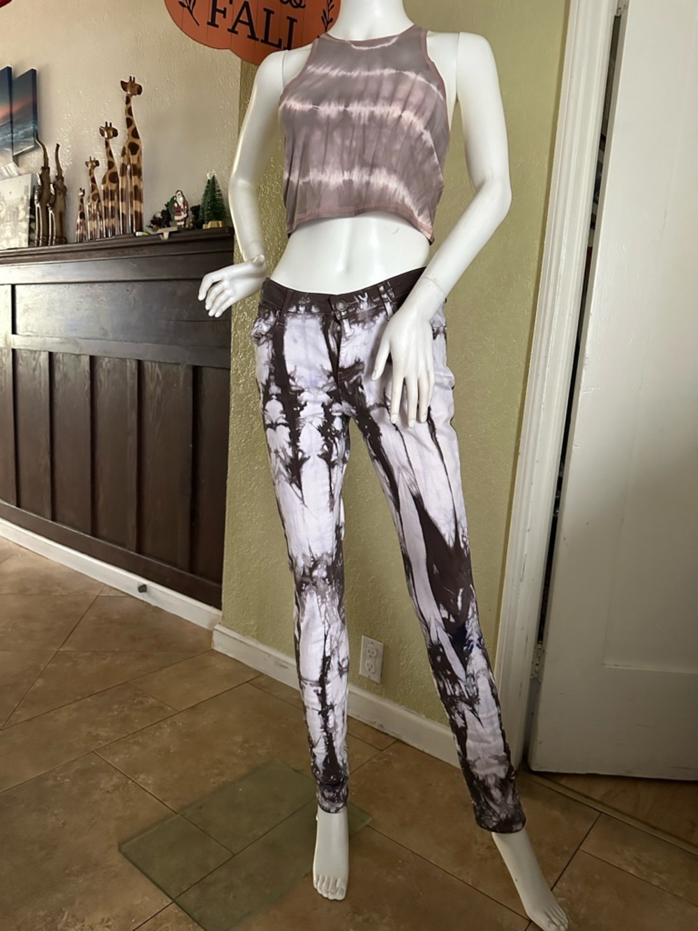 Uniqlo Tie-Dye High-Rise Skinny Pants - Mauve and White 28x33